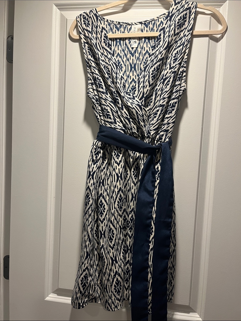 LOFT Navy and White Printed Faux-Wrap Midi Dress